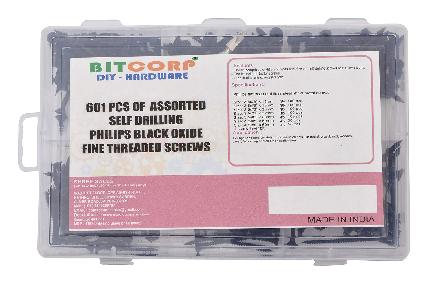 BITCORP DIY Hardware 601ASDS Metal Assorted Self Drilling Philips Black Oxide Fine Threaded Screws (Pack of 601)
