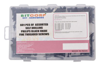 BITCORP DIY Hardware 601ASDS Metal Assorted Self Drilling Philips Black Oxide Fine Threaded Screws (Pack of 601)