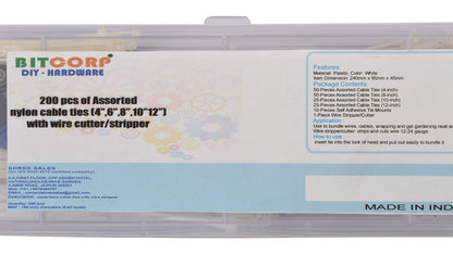 BITCORP DIY Hardware 200ANCT Assorted Nylon Cable Ties (4‰€,6‰€,8‰€,10‰€12‰€) with Wire Cutter/Stripper (Pack of 200)