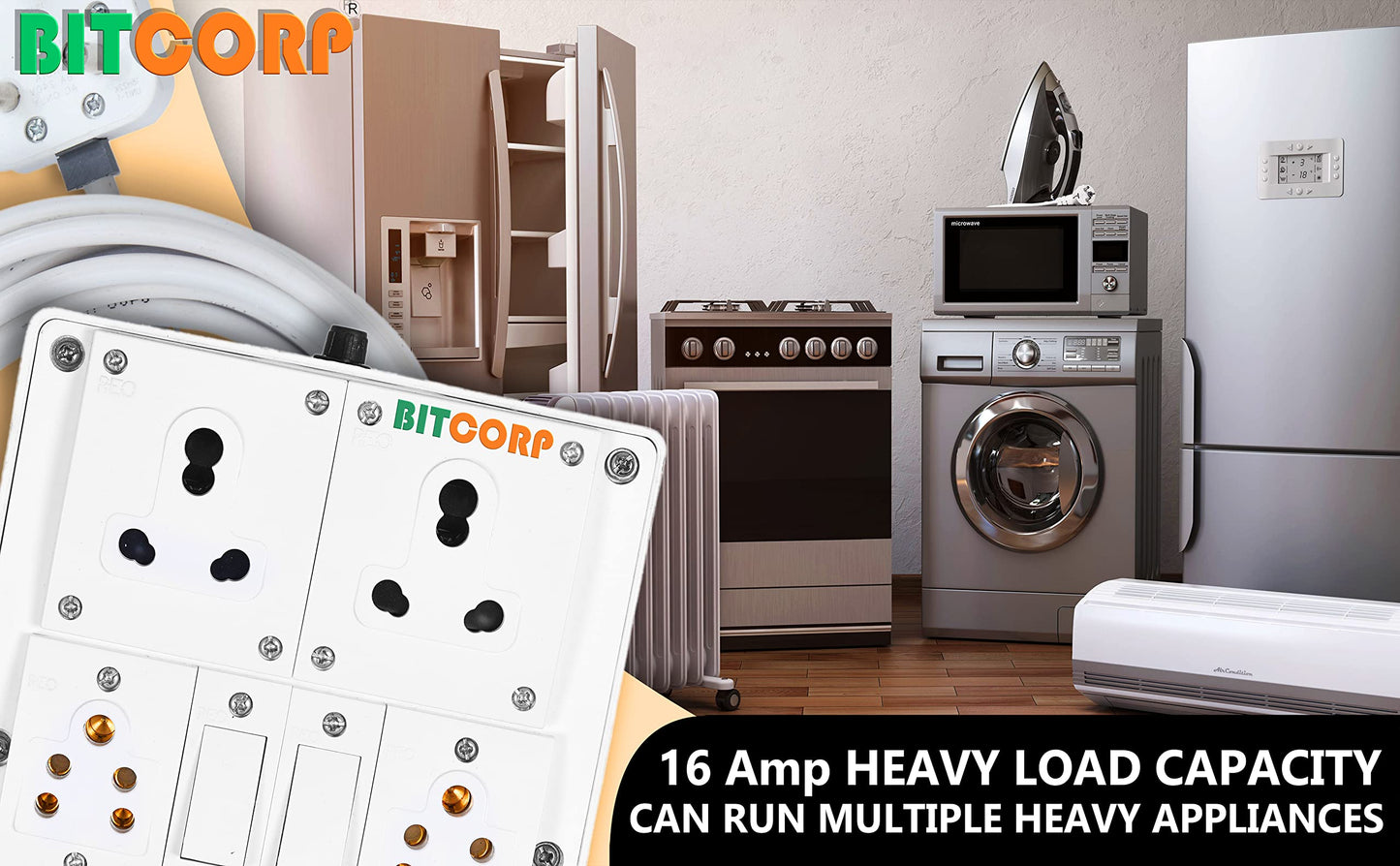 Bitcorp Extension Board 16A 20A 25A Muti Pin 3 Socket 3 (4000) Load Capacity with Surge Protector Meter Long Cable Cord for Heavy Duty Home Kitchen Office Outdoor Indoor Appliances (White)