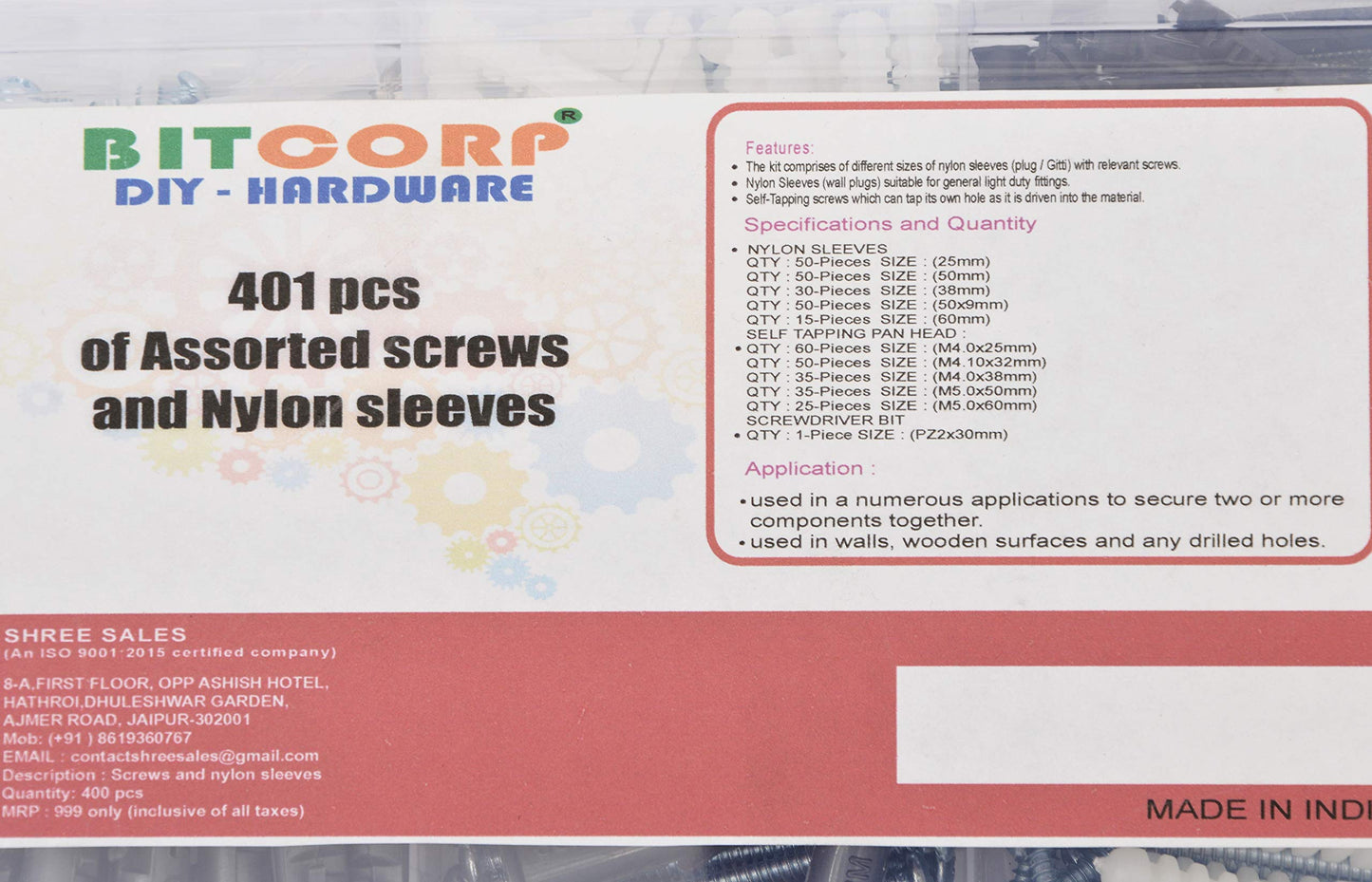 BITCORP DIY Hardware 401ASNS Metal Assorted Screws and Nylon Sleeves (Pack of 210)