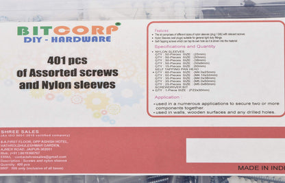 BITCORP DIY Hardware 401ASNS Metal Assorted Screws and Nylon Sleeves (Pack of 210)