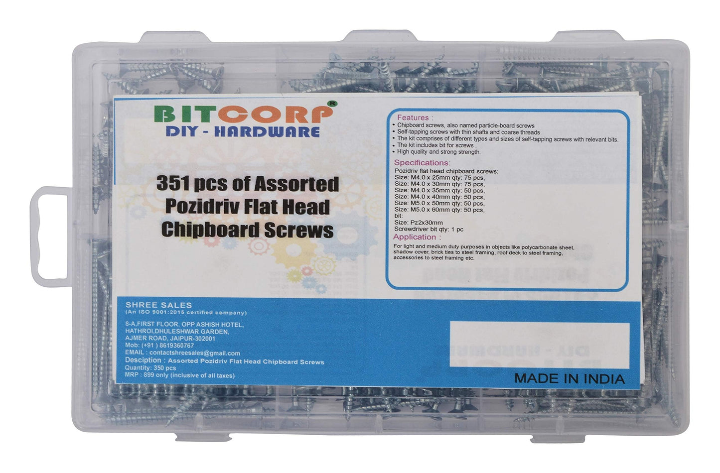 BITCORP Zinc Plated Chipboard Flat Head Tapping Screws / Wood Screw for Industrial & Home Use in Wood & Particle Board (Pack Of 351)