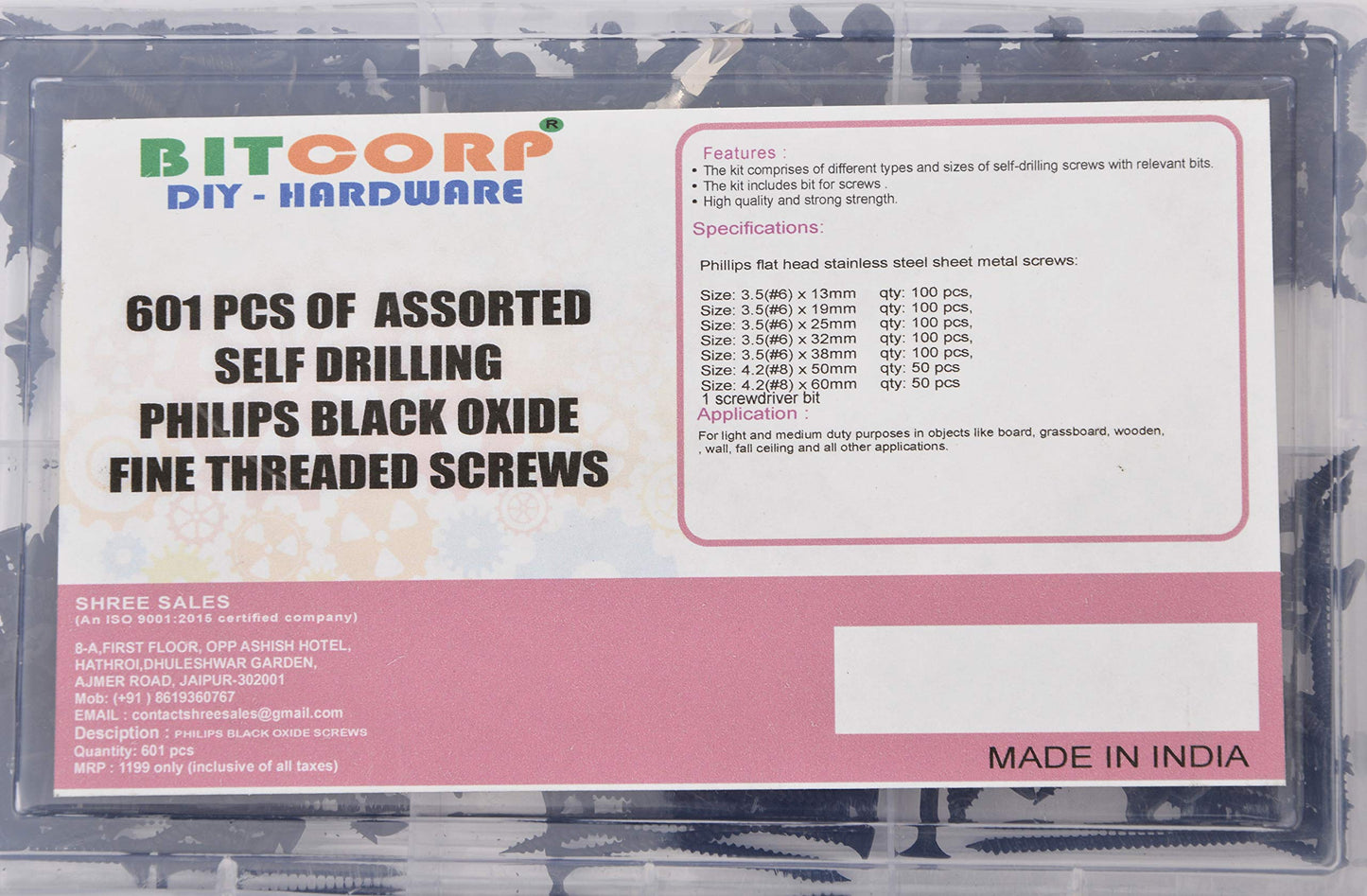 BITCORP DIY Hardware 601ASDS Metal Assorted Self Drilling Philips Black Oxide Fine Threaded Screws (Pack of 601)