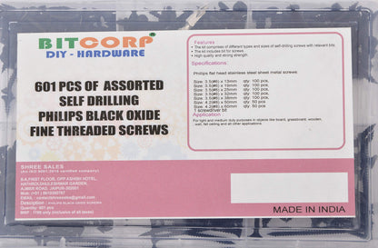 BITCORP DIY Hardware 601ASDS Metal Assorted Self Drilling Philips Black Oxide Fine Threaded Screws (Pack of 601)