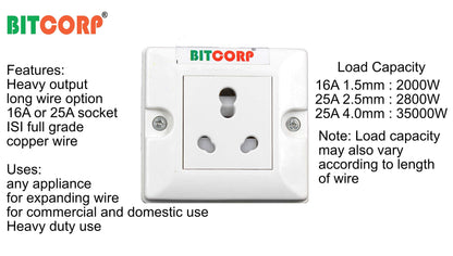 Bitcorp Extension Cord With 1 Socket , 16AMP 3500W Heavy Duty Power Strip, Surge Protected Wire for Home, Office, Electric vehicle Charging, TV, Fridge, Cooler, PC (White) 220V