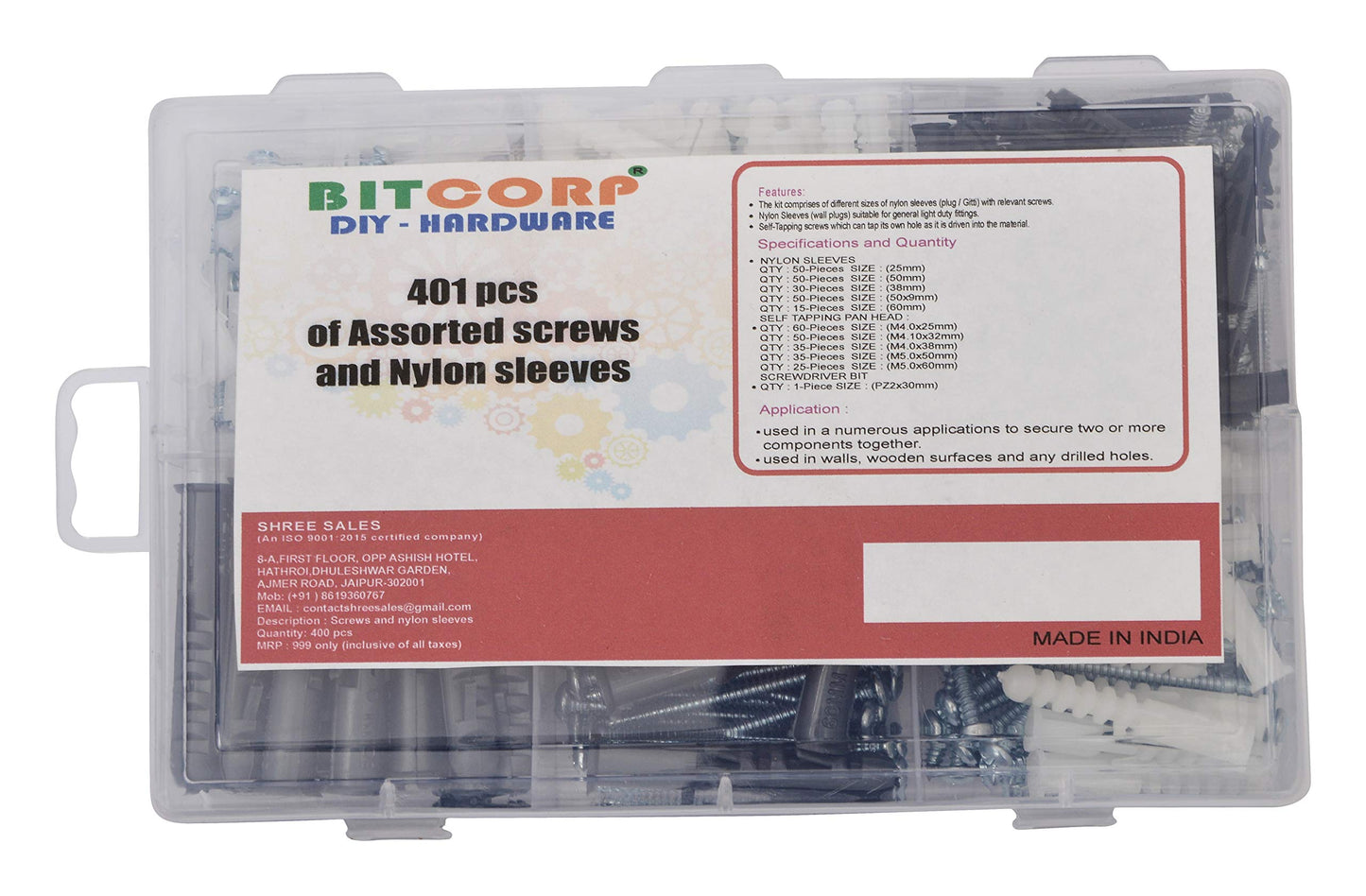 BITCORP DIY Hardware 401ASNS Metal Assorted Screws and Nylon Sleeves (Pack of 210)