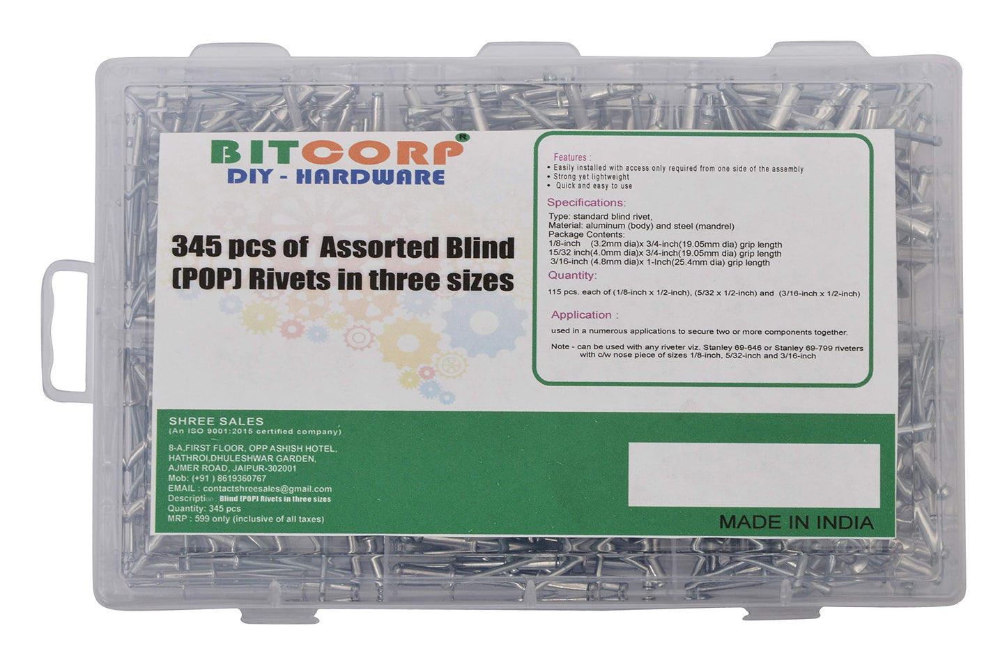 BITCORP DIY HARDWARE 345ABRS Metal Assorted Blind (Pop) Rivets In Three Sizes (Pack of 345)