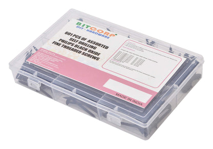 BITCORP DIY Hardware 601ASDS Metal Assorted Self Drilling Philips Black Oxide Fine Threaded Screws (Pack of 601)