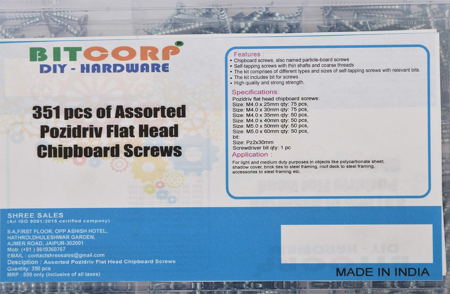BITCORP Zinc Plated Chipboard Flat Head Tapping Screws / Wood Screw for Industrial & Home Use in Wood & Particle Board (Pack Of 351)