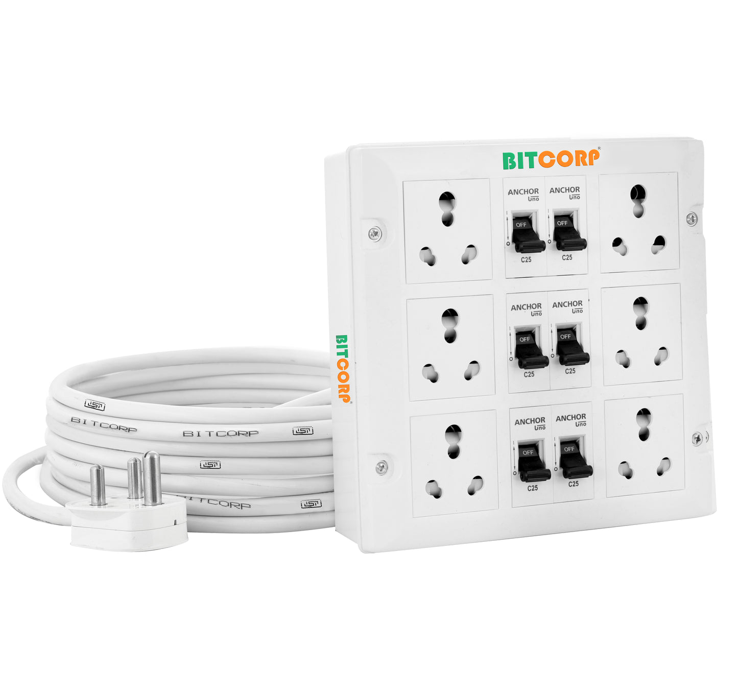 BITCORP Extension Board Heavy Duty 16A 6 Socket 6 MCB Switch